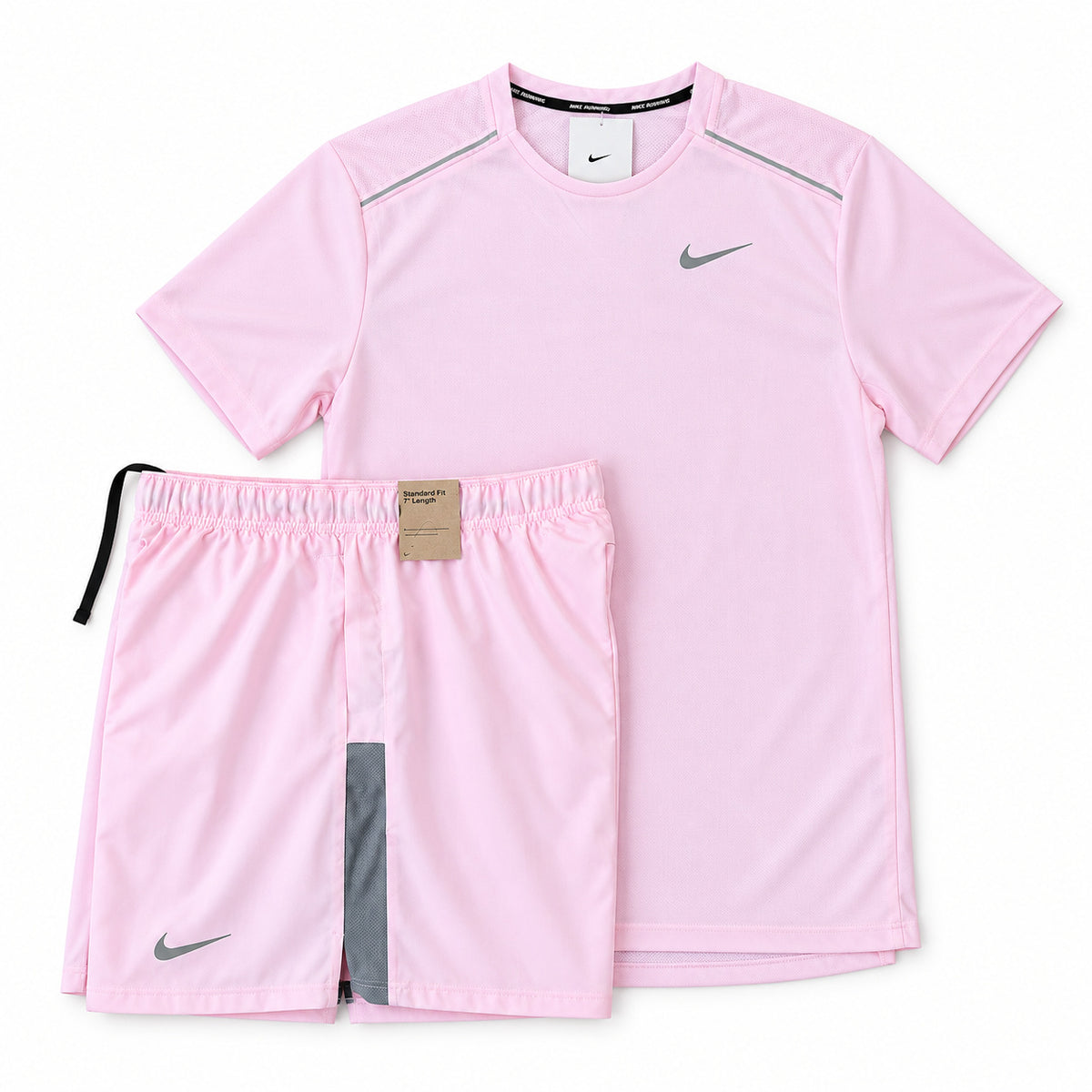 Nike Miler Dri-FIT Pink Foam running top and matching shorts on a white background
