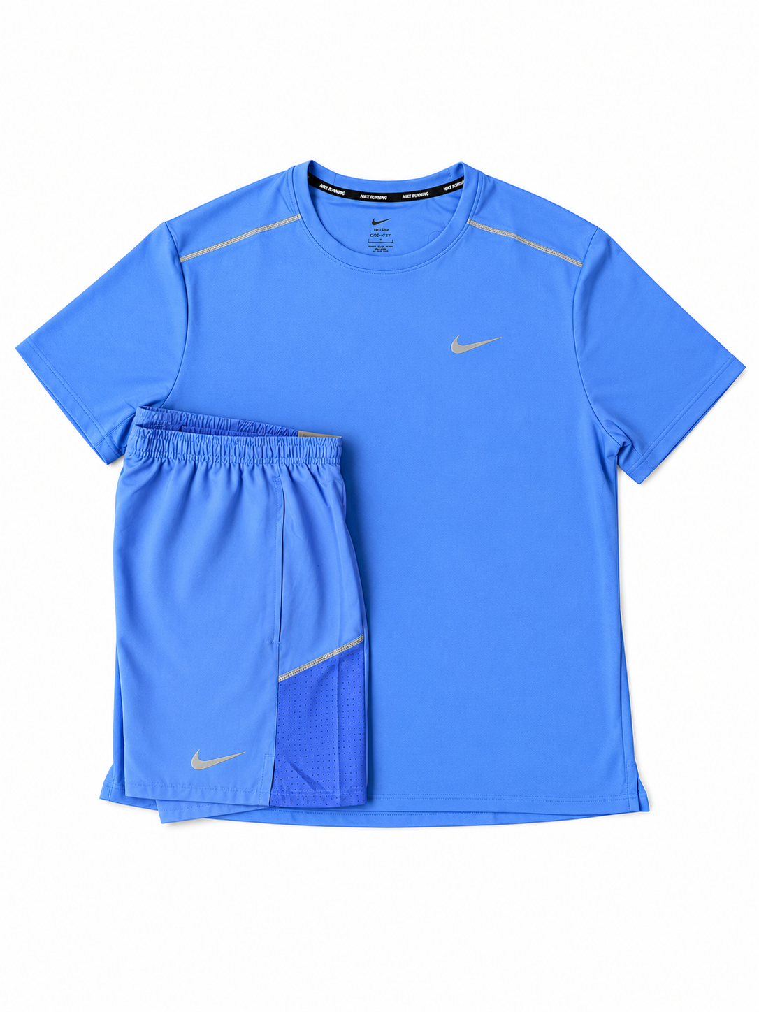 Nike Miler Dri-FIT Royal Pulse running shirt and shorts set on a white background