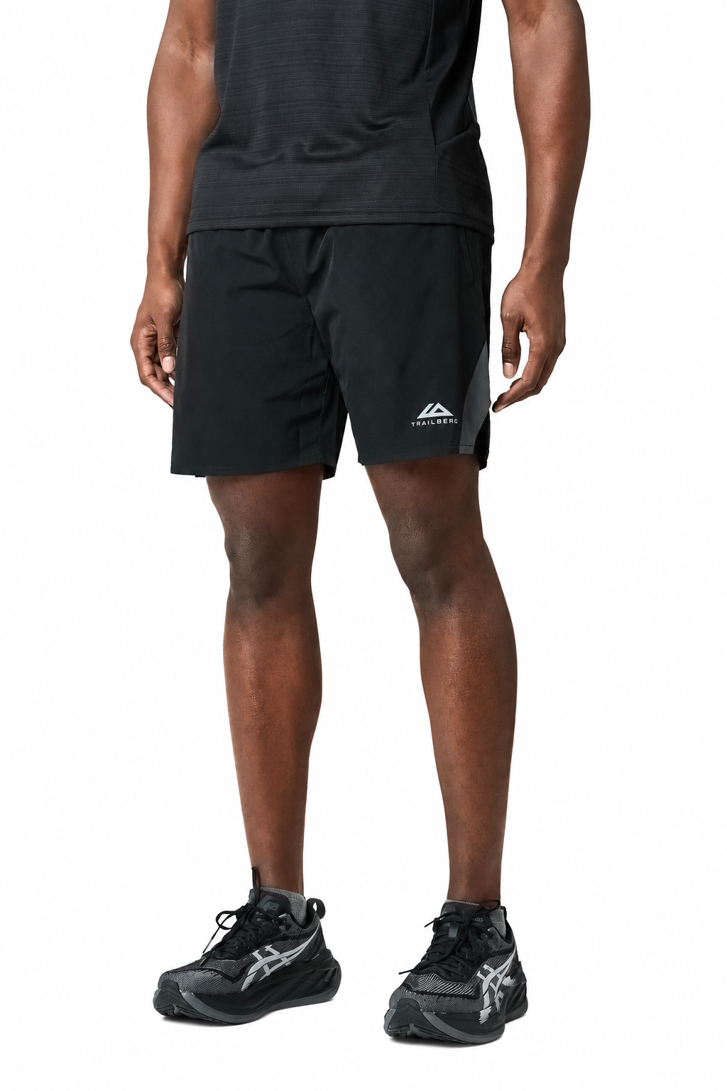 Trailberg Cloud Shorts in Black and Volcano Grey on a white background